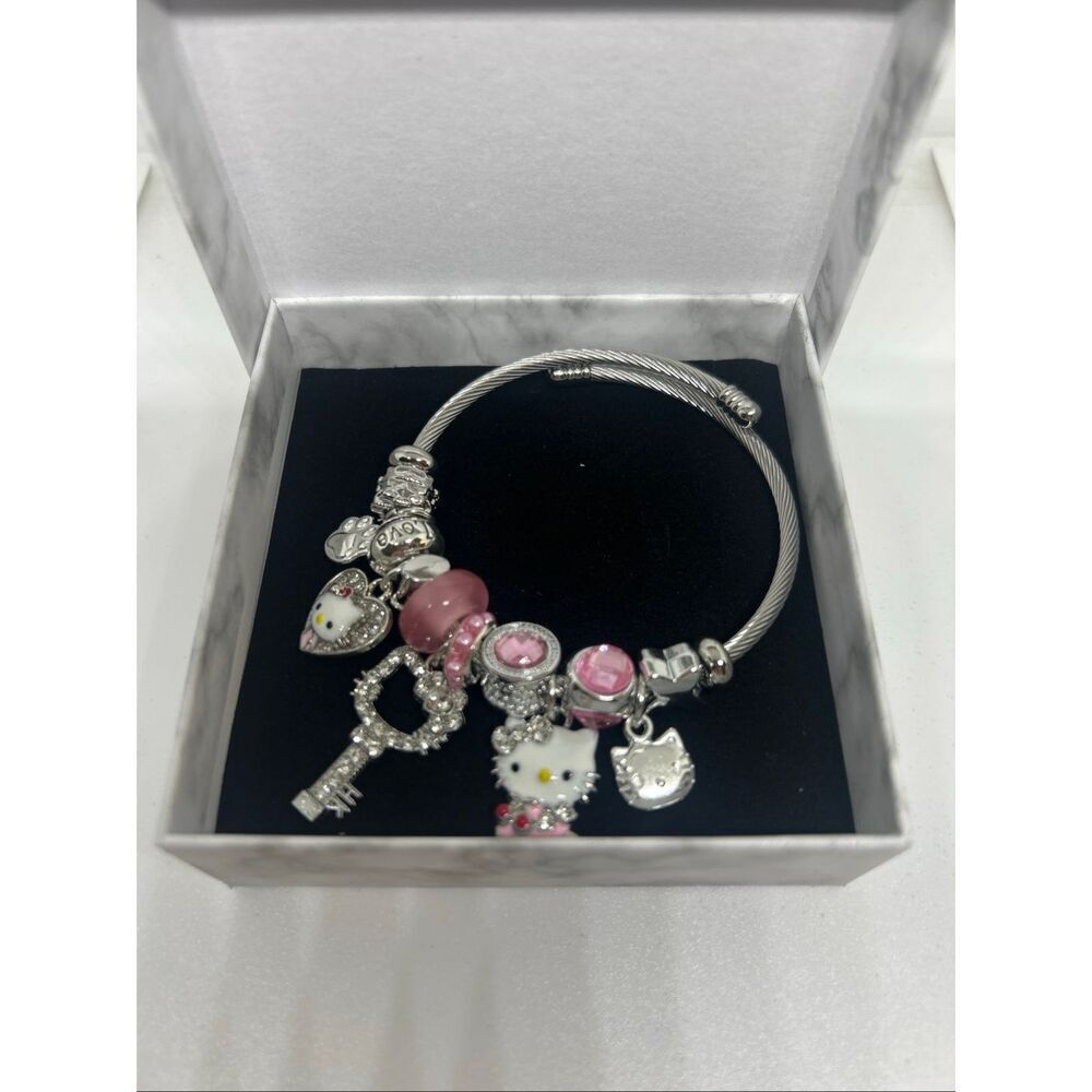 Hello Kitty Inspired Charm Bracelet Key Heart Pink Beads Gift